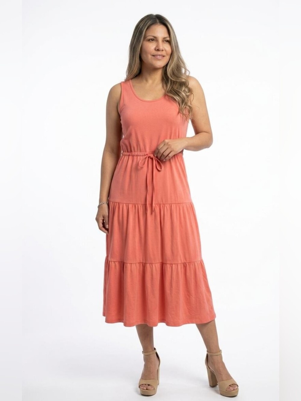 Serra Coral Tiered Sleeveless Midi Dress